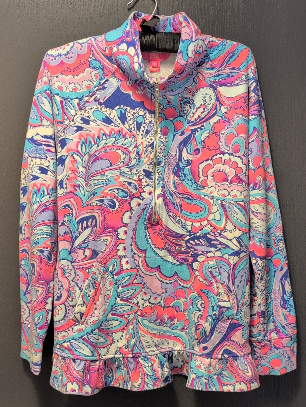 Lilly Pulitzer Killian Popover in Pink Tropics Print Ruffle Half Zip